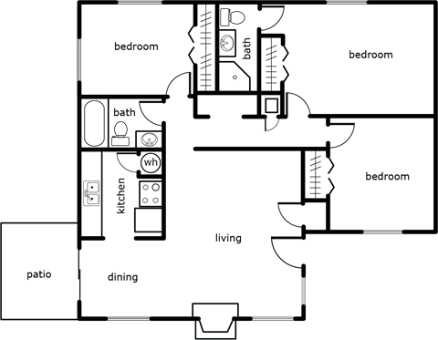 Floor plan for 3 beds, 2 baths, 1080 sqft